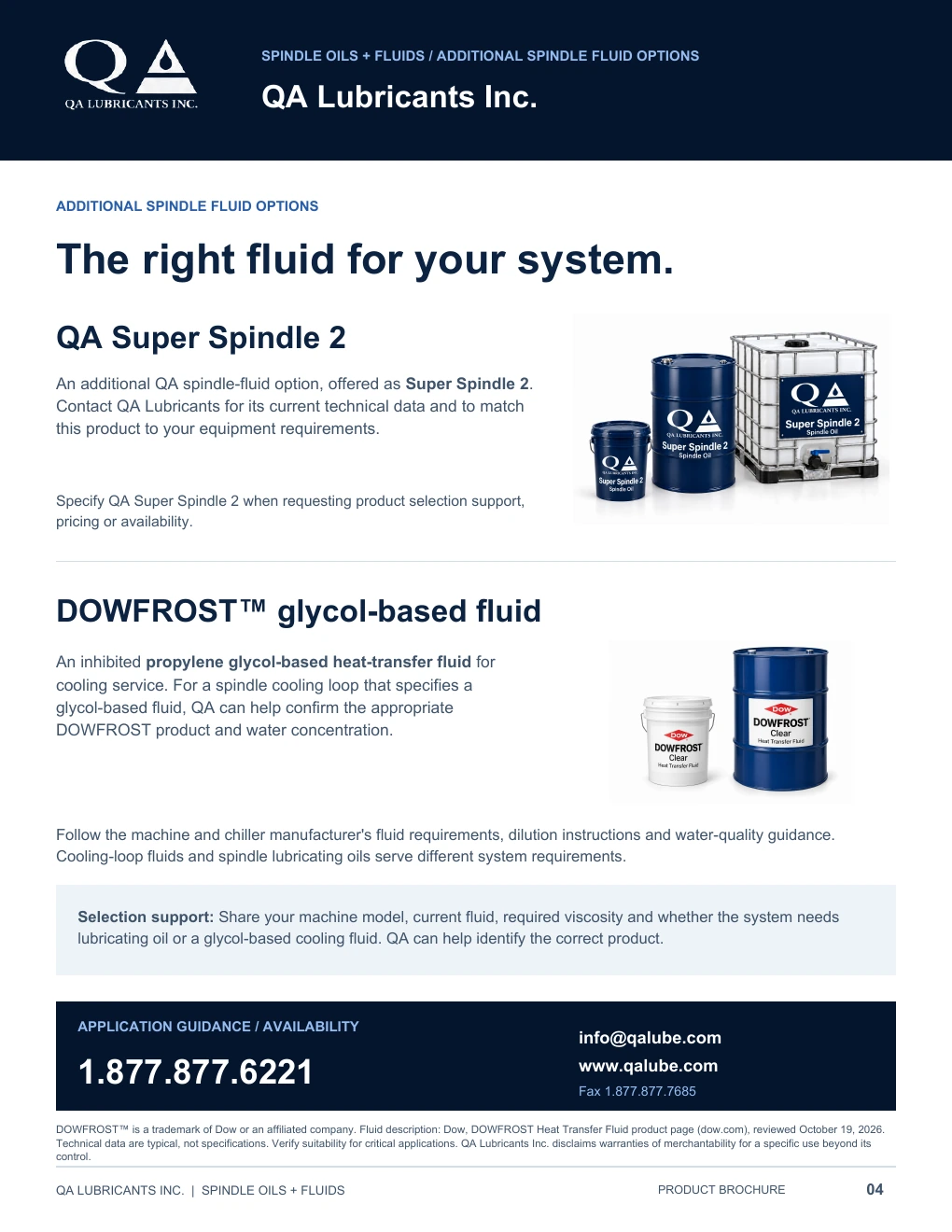 QA Spindle Oils and Fluids brochure, page 4 of 4