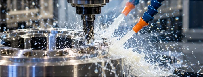 CNC machining operation with water diluted coolant applied at the point of cut.