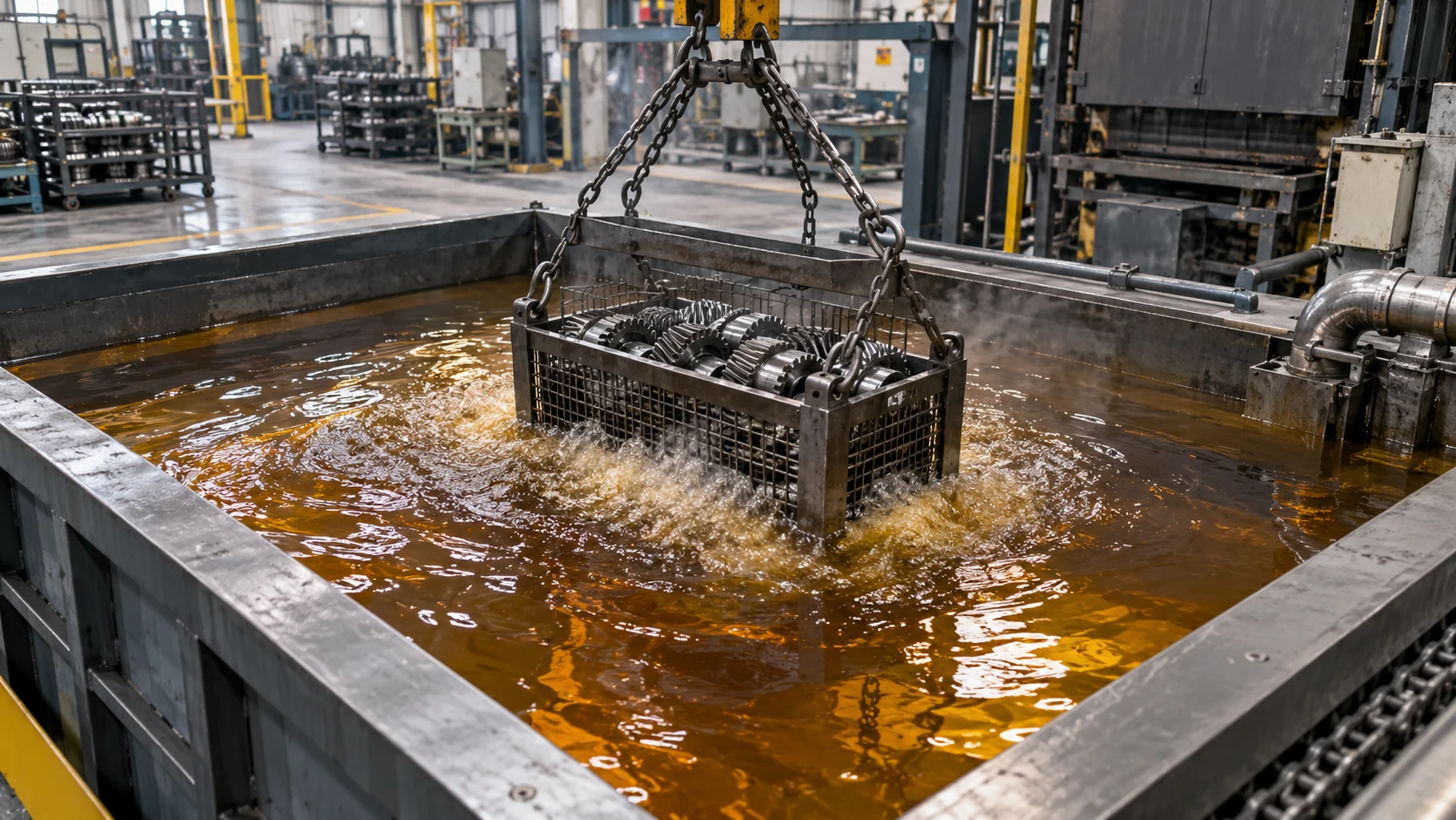 Steel parts immersed in an industrial bath of amber quenching oil