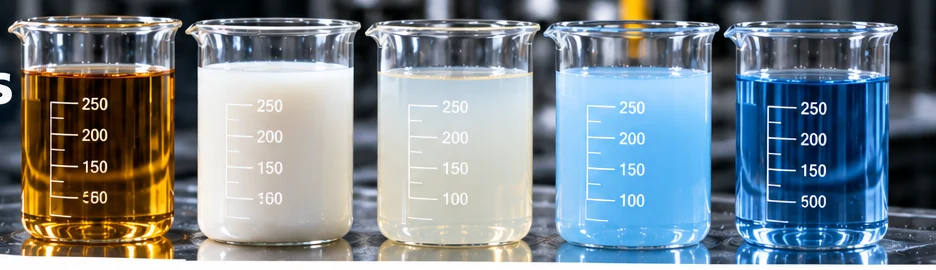 Different water diluted machining coolant appearances shown in laboratory beakers.