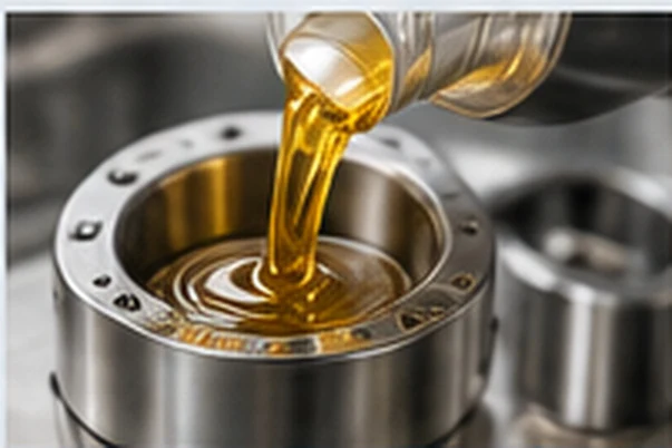 Clear amber food grade oil being poured into a bearing