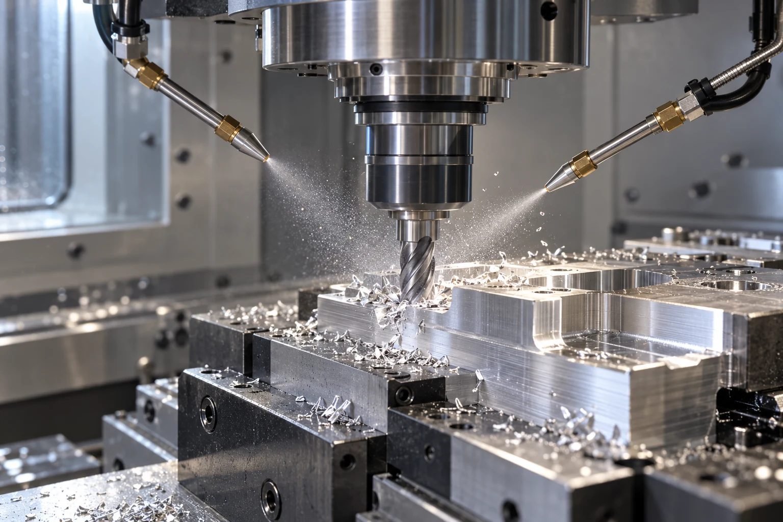Fine lubricant mist directed at a CNC milling tool cutting an aluminum part