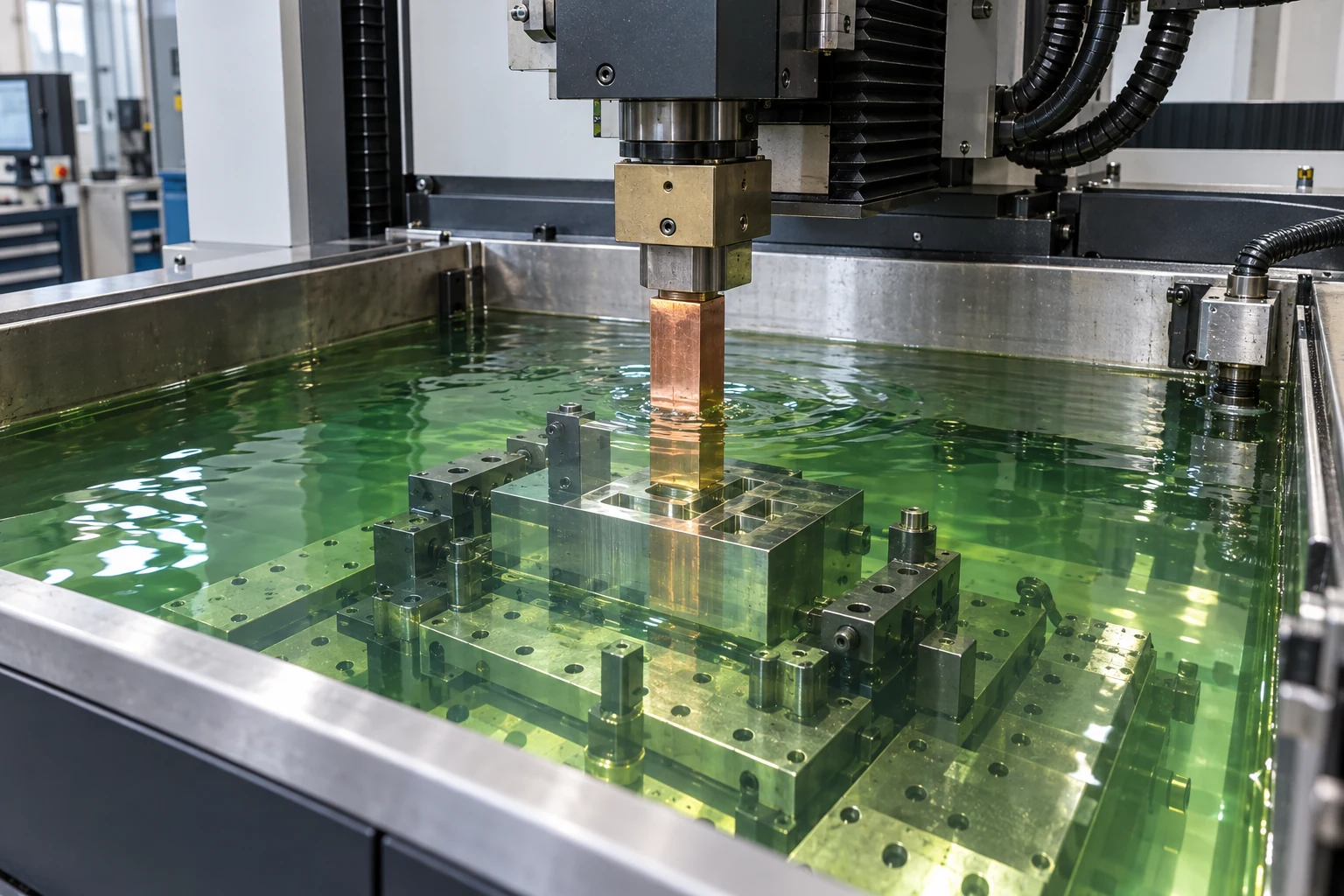 Sinker EDM machine with a copper electrode and translucent green dielectric fluid