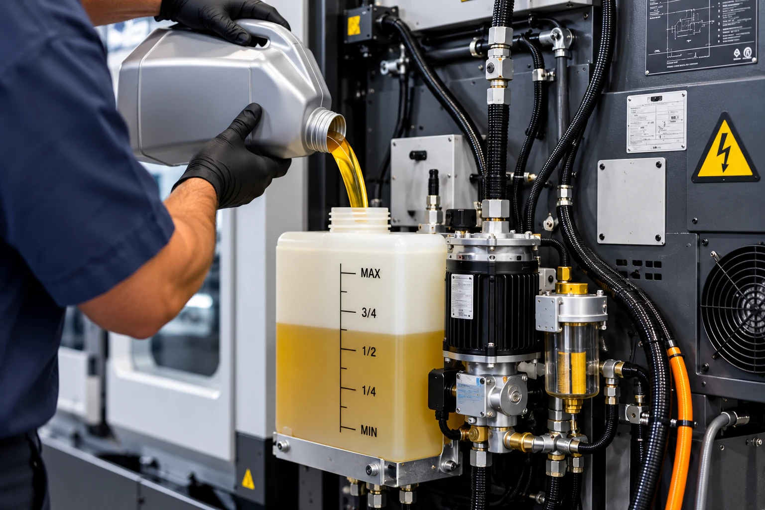 Close-up of technician filling a lubricant reservoir on the back of a CNC machine.