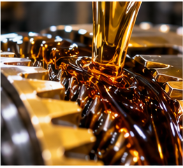 Thick dark gear oil flowing over industrial gear teeth
