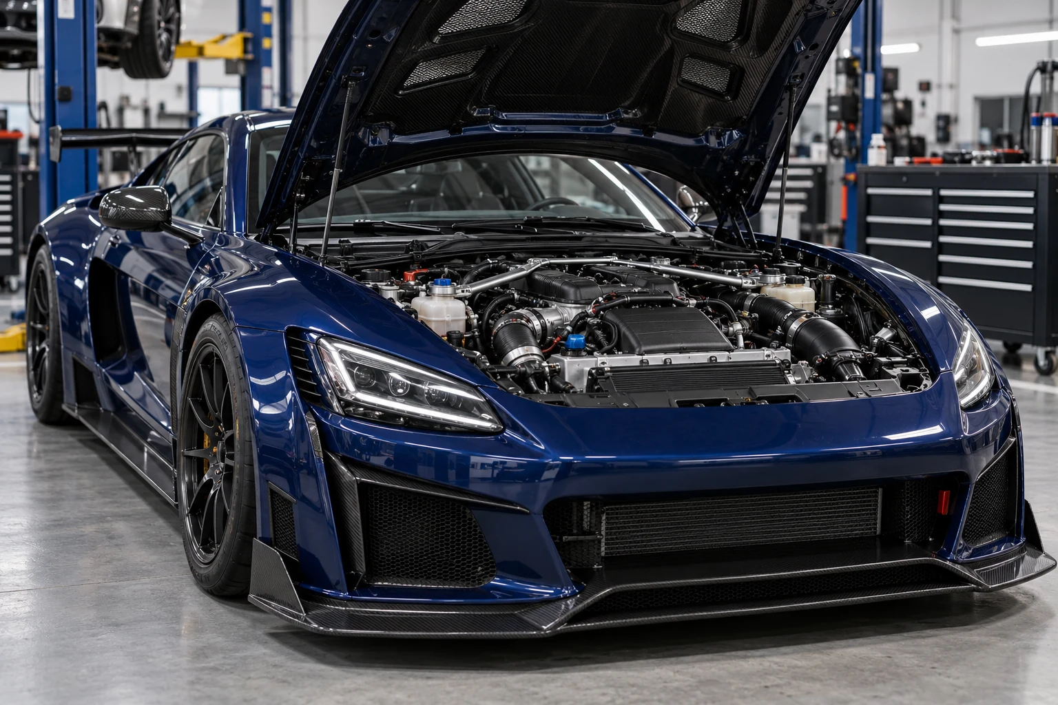 Performance automotive engine in a motorsport engineering workshop
