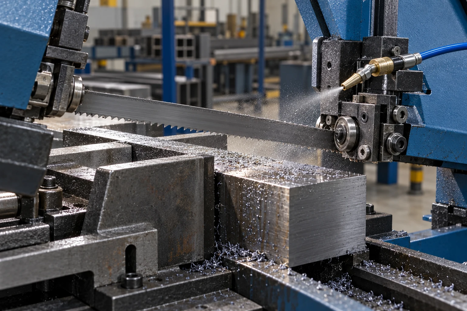 Minimum quantity lubricant applicator beside an industrial metal bandsaw blade