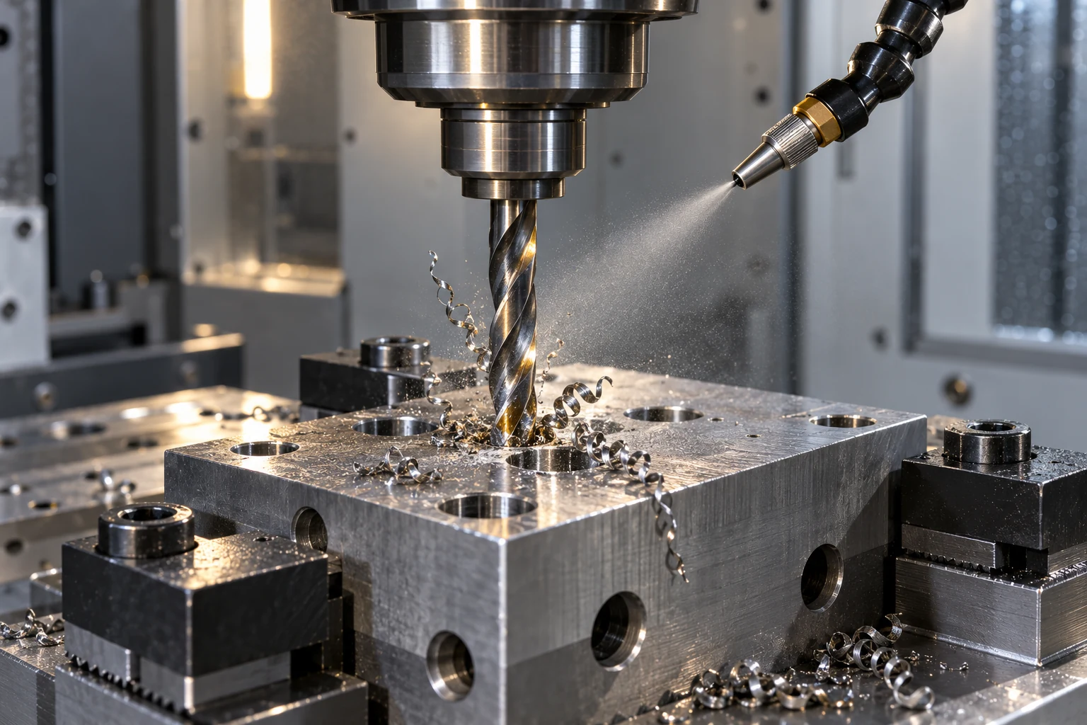 Mist lubrication applied to a drill machining a clamped metal component