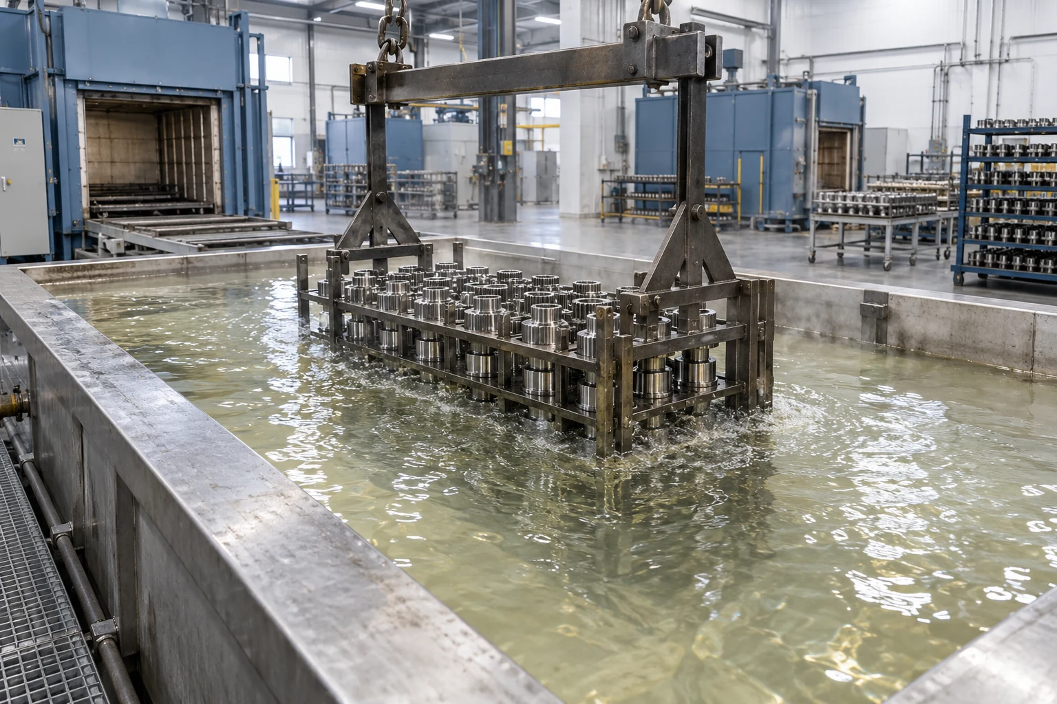 Steel components in a pale glycol-type quenching fluid in a modern heat-treatment shop
