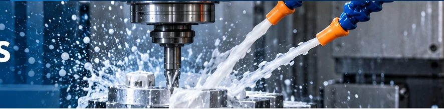 CNC milling operation flooded with water diluted machining coolant.