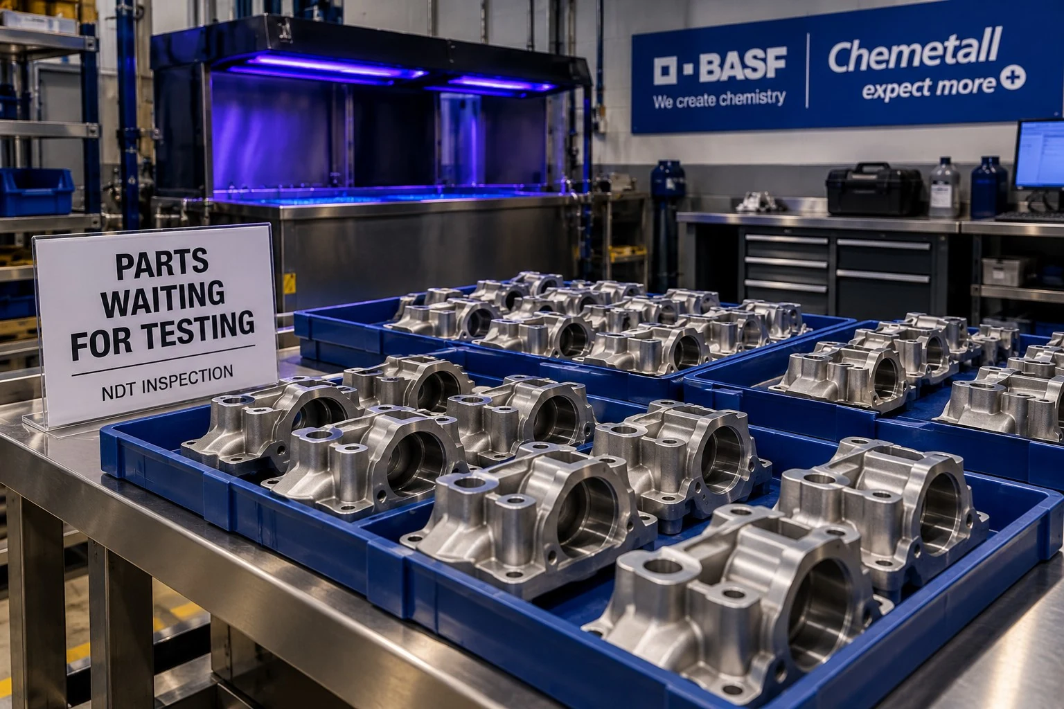 Completed machined metal parts staged and waiting for non-destructive testing