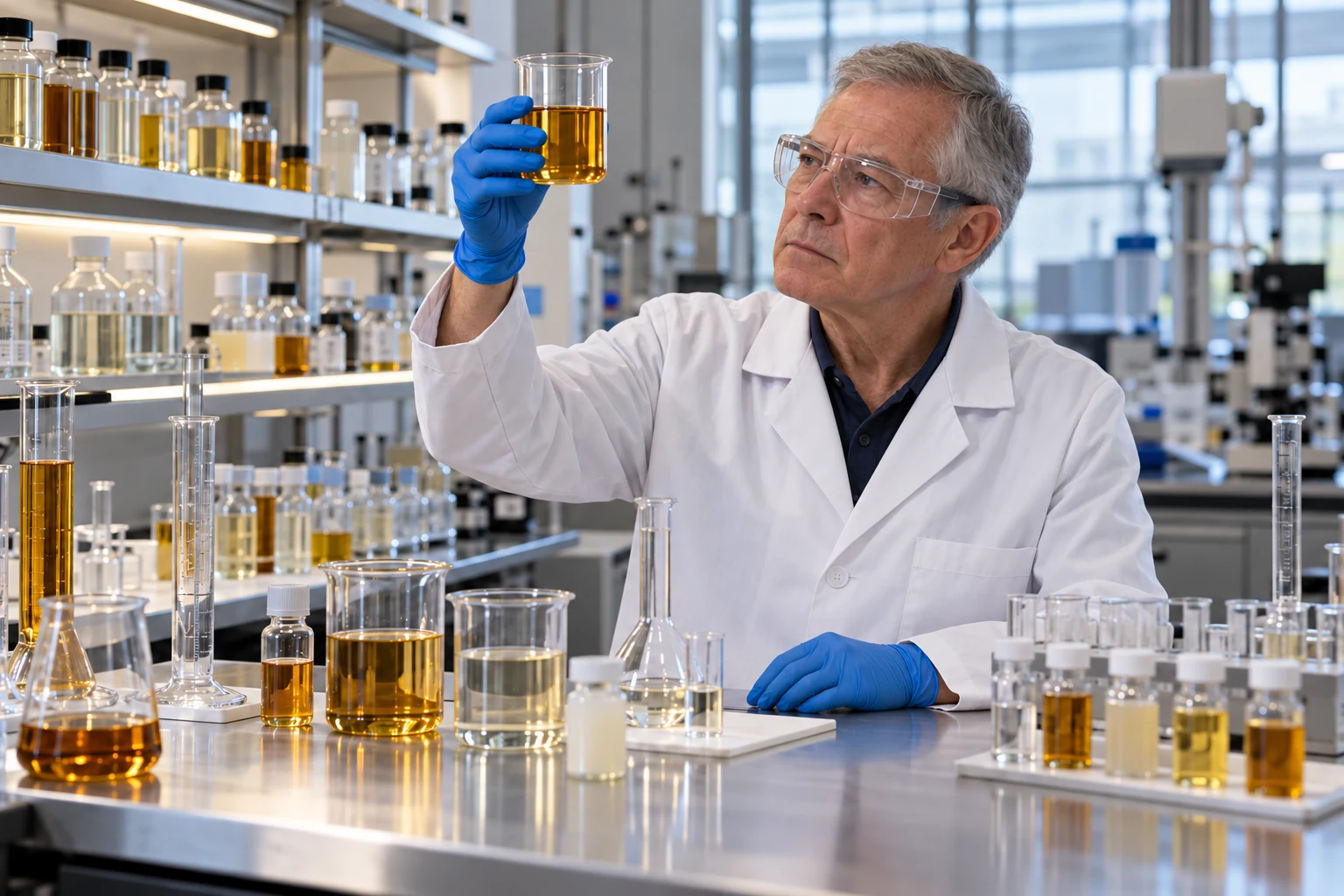 Experienced chemist reviewing lubricant samples in a formulation laboratory