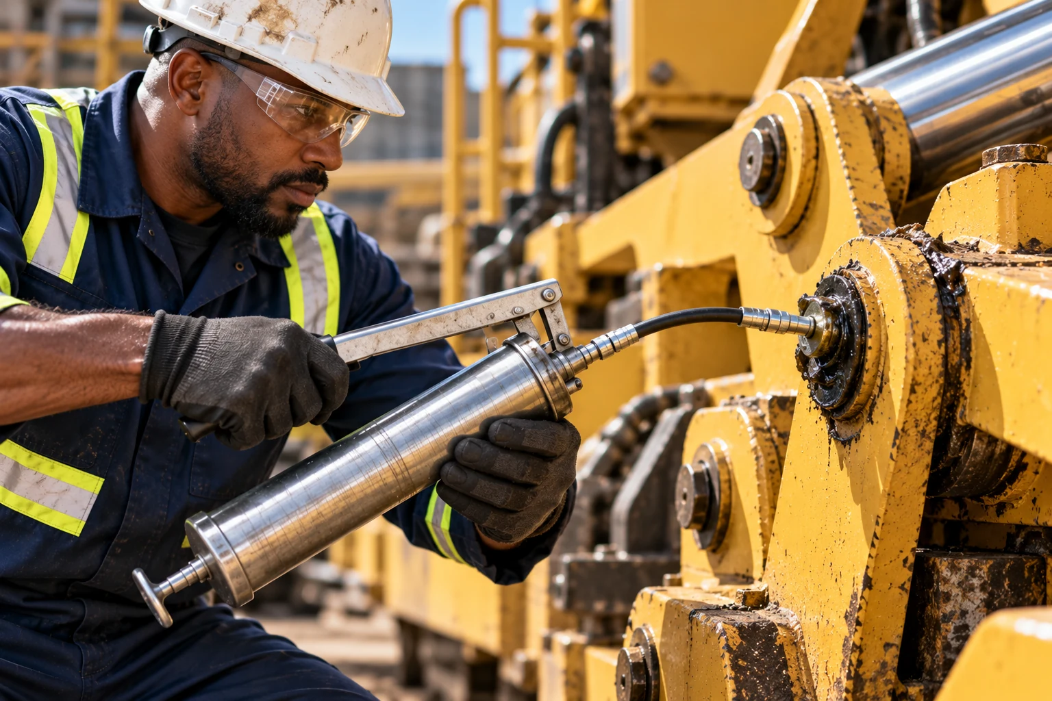 African American maintenance technician using a grease gun to lubricate heavy industrial equipment