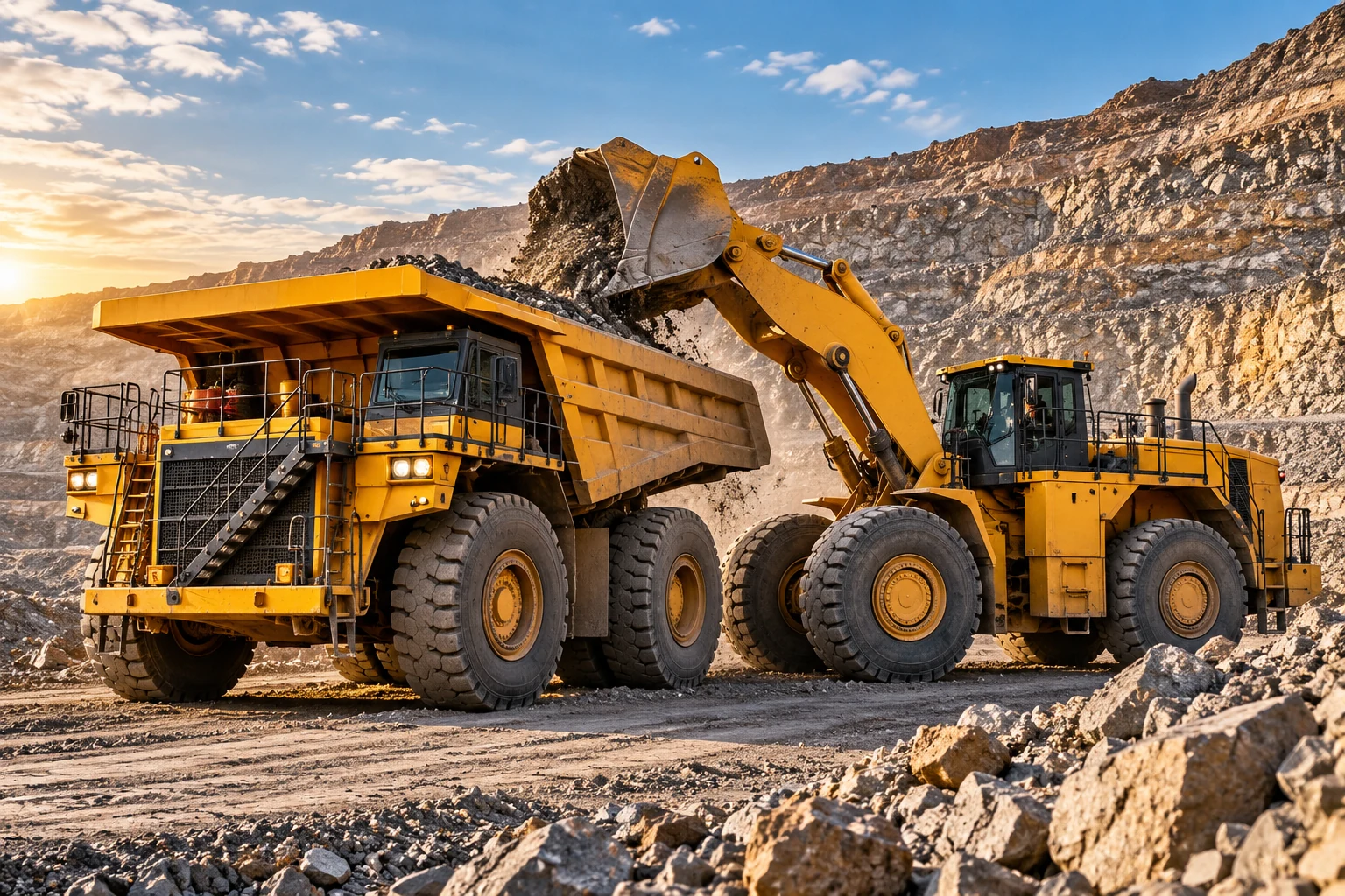 Large yellow mining haul truck and yellow wheel-loader earth mover at an open-pit mining site.
