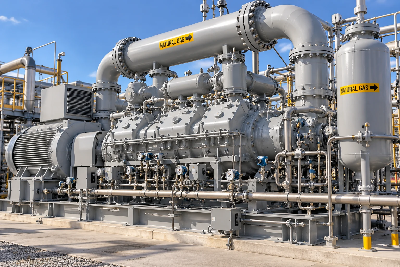 Large natural gas compressor at an industrial processing facility