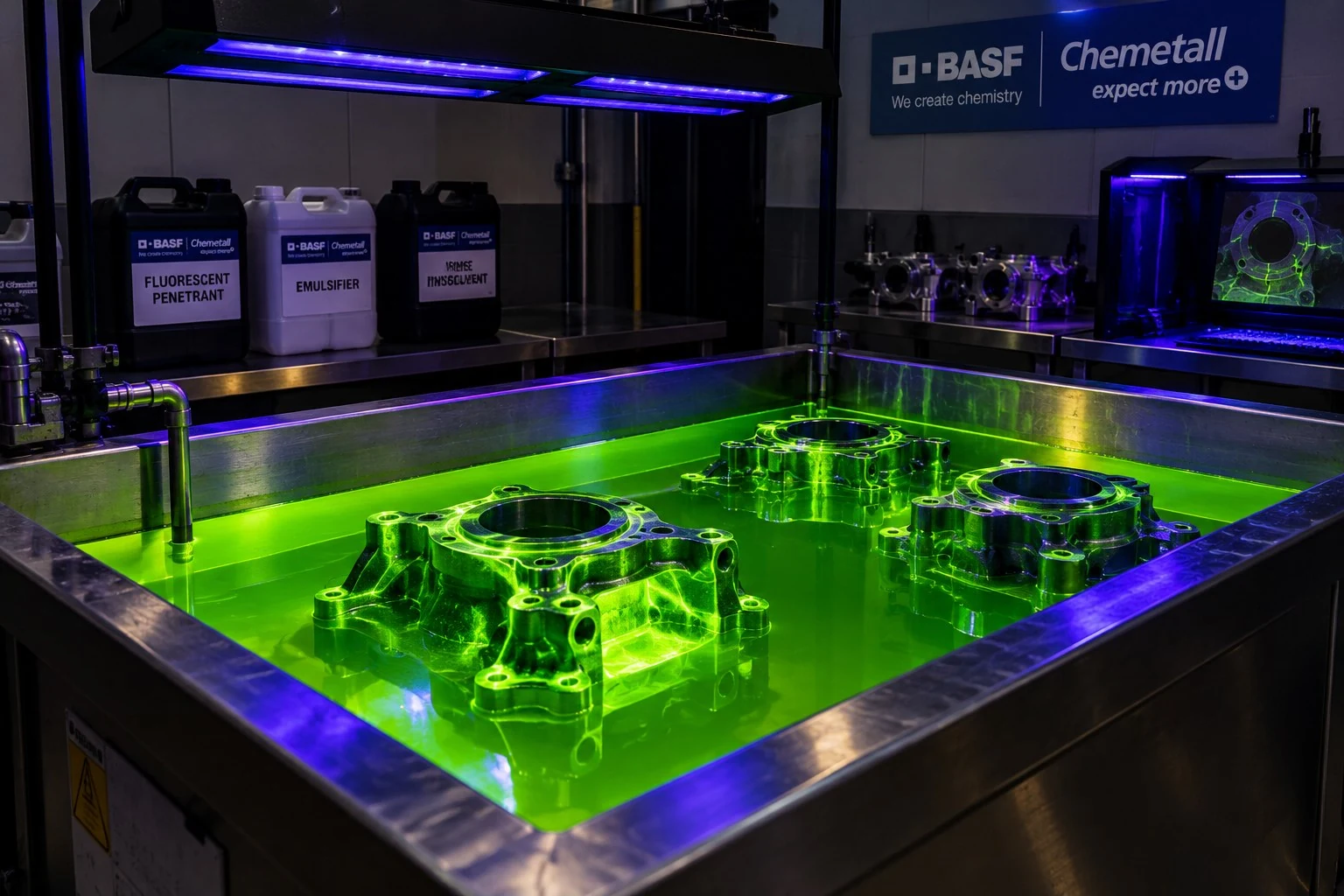 Fluorescent penetrant inspection bath in a quality-control environment