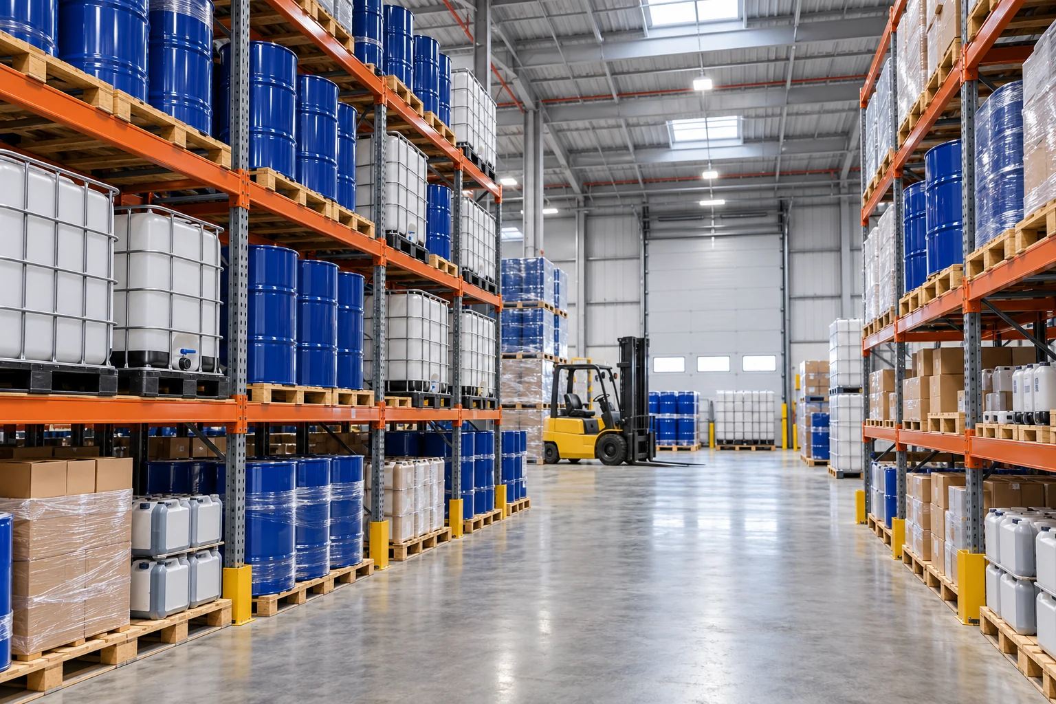 Illustrative lubricant warehouse with drums, bulk containers, and a forklift