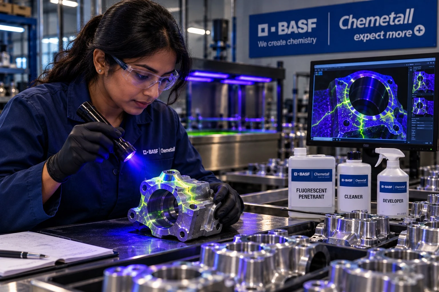 Female quality-control technician inspecting a machined metal component under ultraviolet light