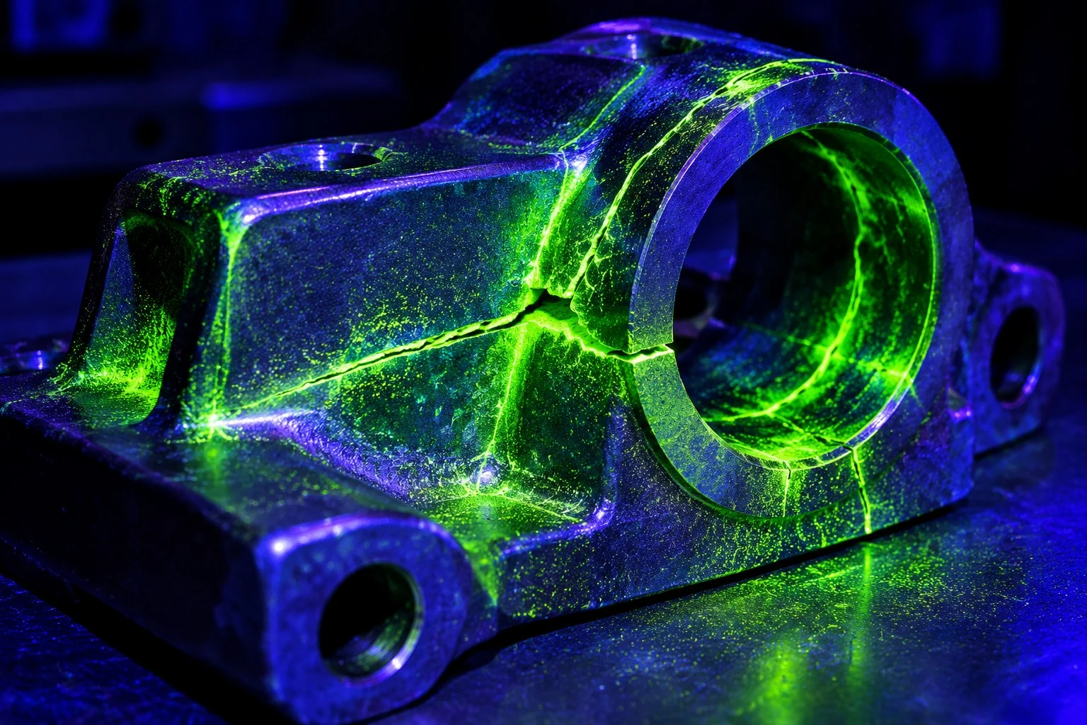Fluorescent penetrant revealing surface discontinuities on a machined metal component under black light