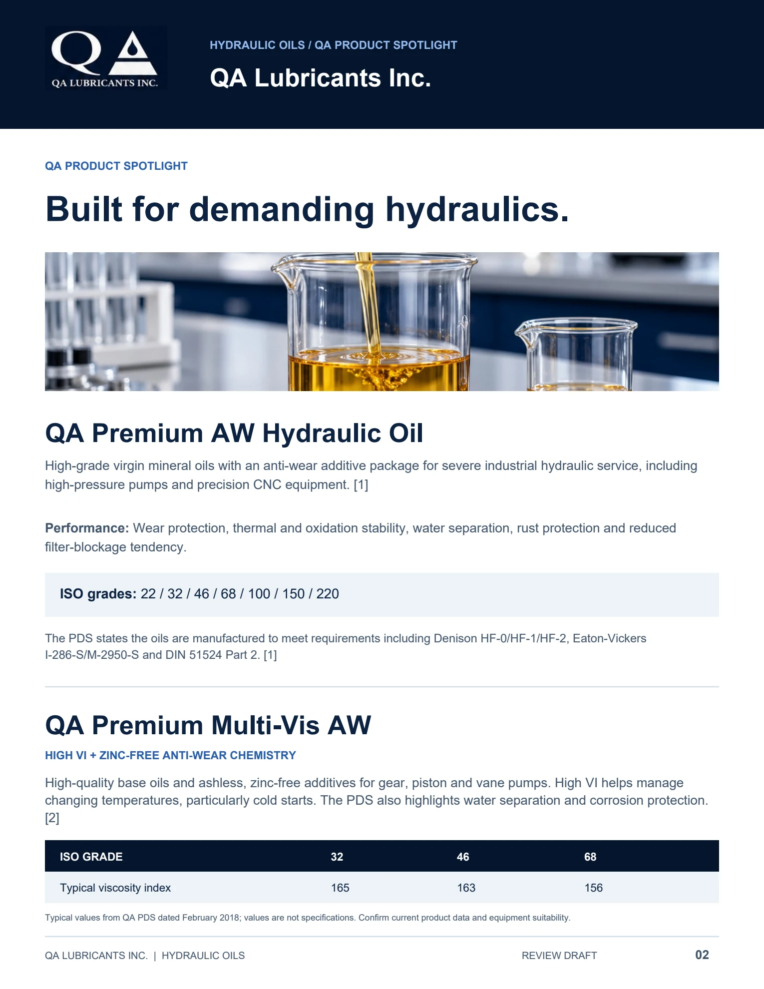 QA Hydraulic Oils brochure, page 2 of 4